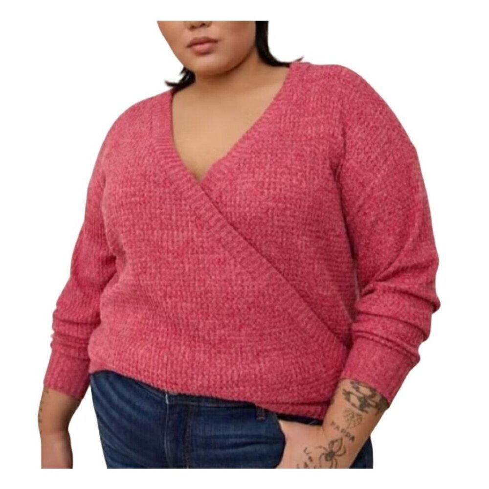 Torrid Sweater Women 2X Pink V Neck Faux Wrap Waffle Knit Pullover Drop Shoulder